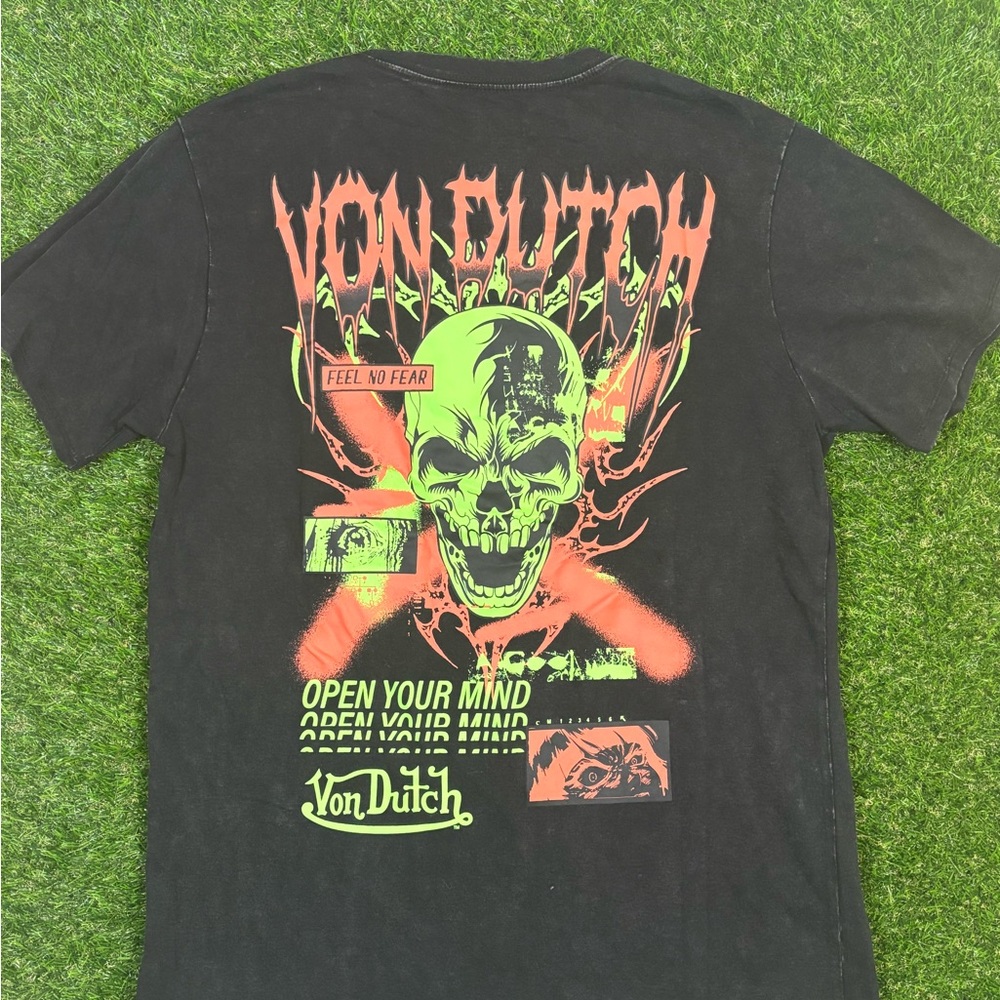Von Dutch Black and Neon Green Skull Tee